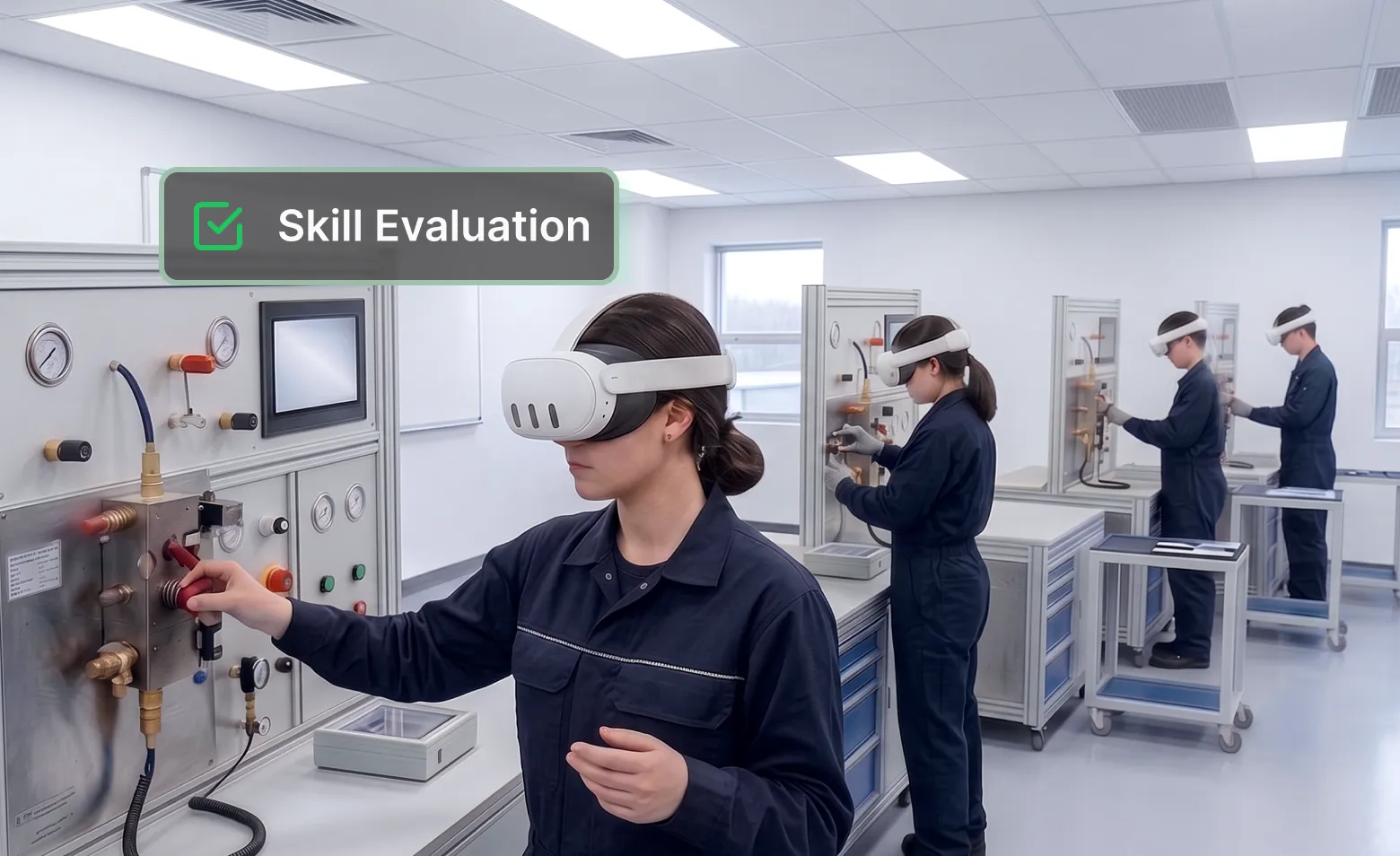 A line of technicians in work uniforms wearing VR headsets, training in front of various laboratory stations.